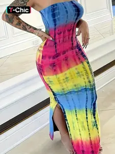 Women's All Over Print Split Hem Sleeveless Bodycon Dress, Summer Clothes Women, Casual Chic Fitted Strapless Long Dress for Summer, Women's Clothing for Beach Holiday, Casual Boho Dress, Casual Elegant Dresses, Casual Beach Sundress