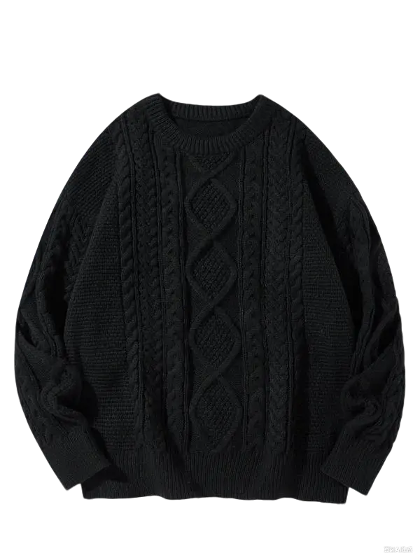 Men's Casual Cable-Knit Sweater in Beige, Unisex Drop Shoulder Long Sleeve Jumper with a Round Neck for Fall, Tops, Menswear, Longsleeves, Knitwear, Textured, Jeans, Leggings
