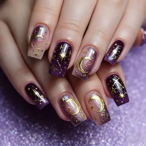 24pcs Press-On Nails Set, Gradient Starry Sky Fake Nails, Constellation Glitter False Nails, Sparkly Glitter, Includes Jelly Gel & File