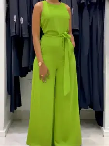 【Plus Size】 Solid Color Adjustable Waist Jumpsuit, Casual Fashion Flared Leg Wide Leg Jumpsuit for Daily Wear, Women's Plus Clothing for All Seasons