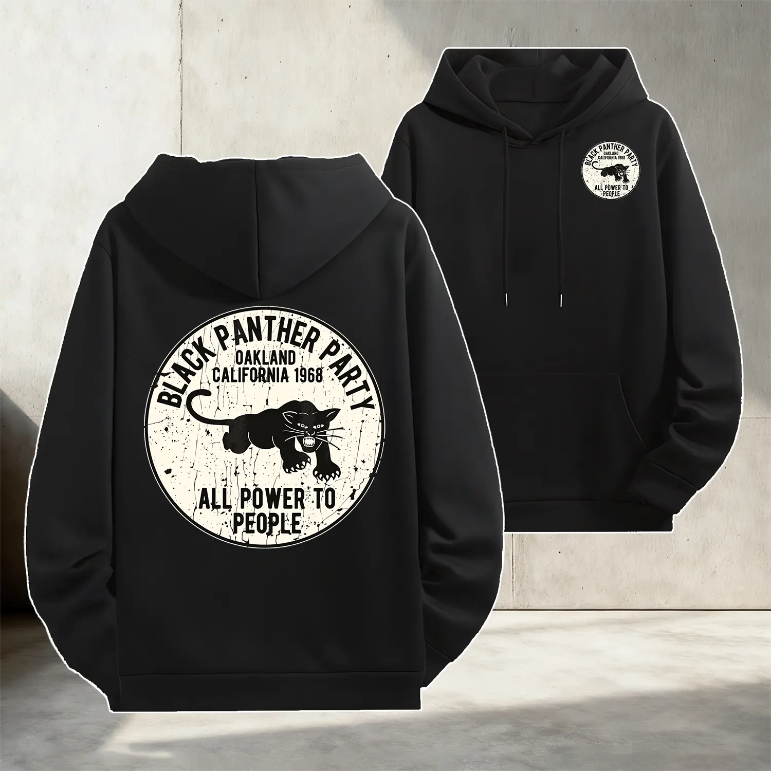 Men's Black Panther Party Retro Graphic Print Pullover Hoodie - Culturally-Inspired Menswear Tops, Cotton-Polyester Longsleeves, Casual Loose Fit, Ribbed Soft Stretchable, Historical-Cultural Fusion Outfits for Streetwear Enthusiasts