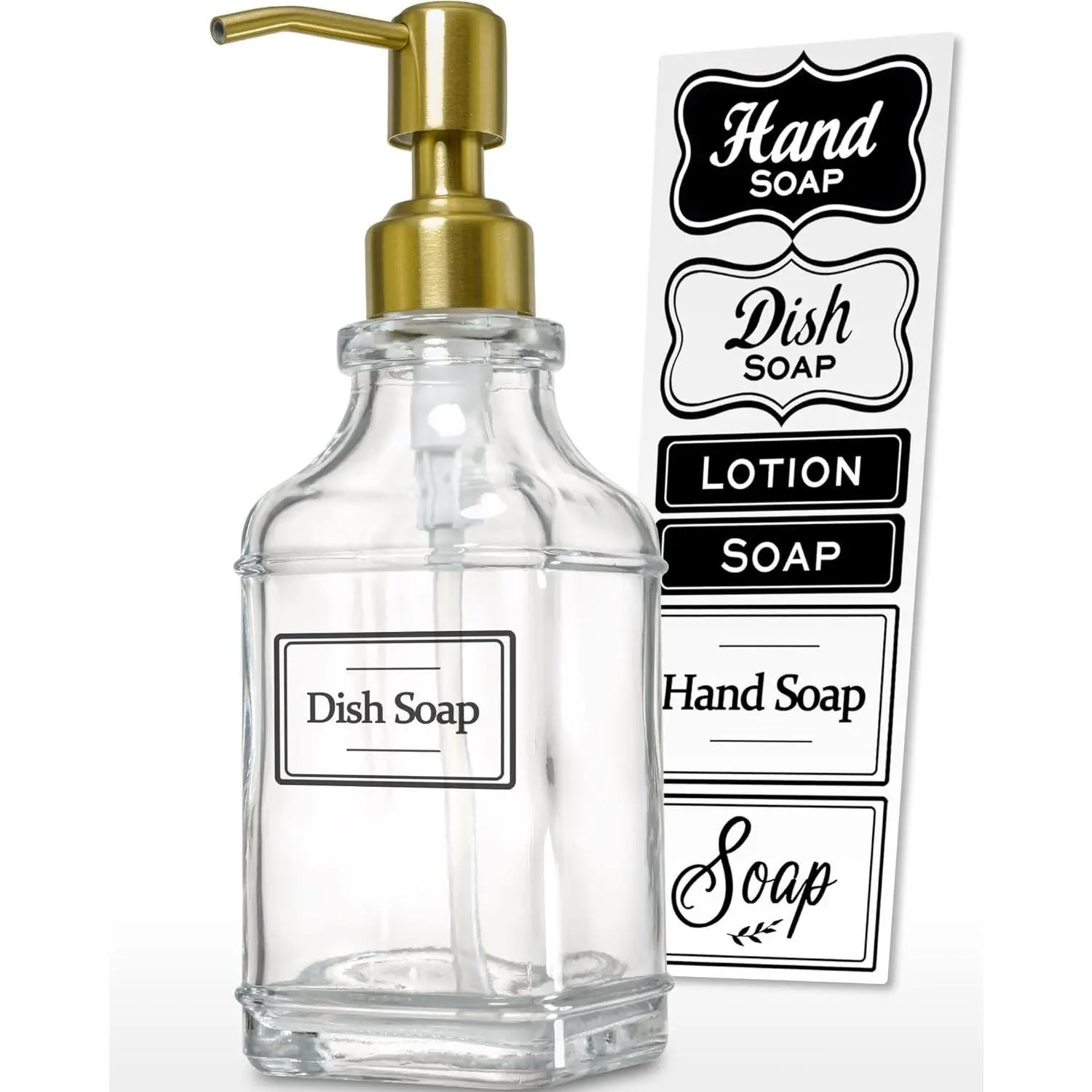 Antique Square Glass Soap Dispenser with Golden Rust Proof Pump, Refillable Soap Dispenser with 10count Stickers for Kitchen, Dish Soap Dispenser for Kitchen Bathroom Soap, Hand soap, Lotion.