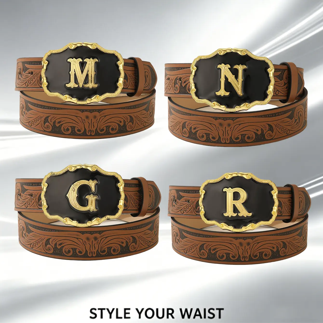 Custom embossed leather belt with initial letter buckle, Western cowboy monogram waist strap for men’s jeans, personalized gift cowgirl detail flash sale