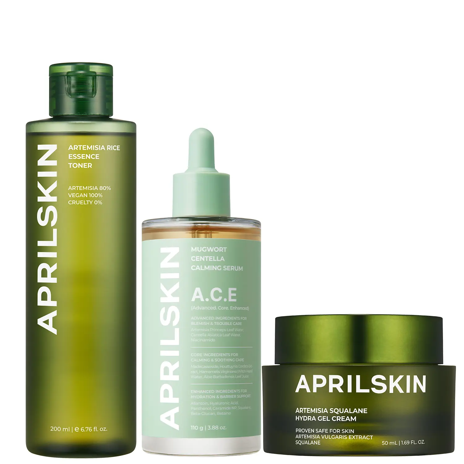 [APRILSKIN Official] Korean Matcha Mugwort Calming SetㅣArtemisia Rice Toner, A.C.E Mugwort Centella Serum &  Artemisia Squalane Hydra Gel Cream | Korean Skincare | Daily Glass Glow | Korean Natural Herb | Soothing for Troubled Skin