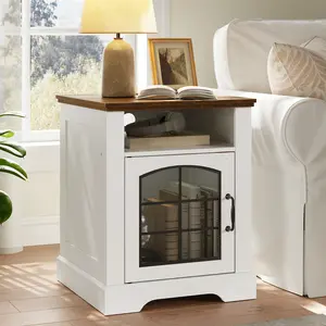 HOOBRO Small Farmhouse End Table for Living Room, Rustic Nightstand with Charging Station, Wooden Sofa Side Table with Tempered Glass Barn Door, for Bedroom, White and Walnut