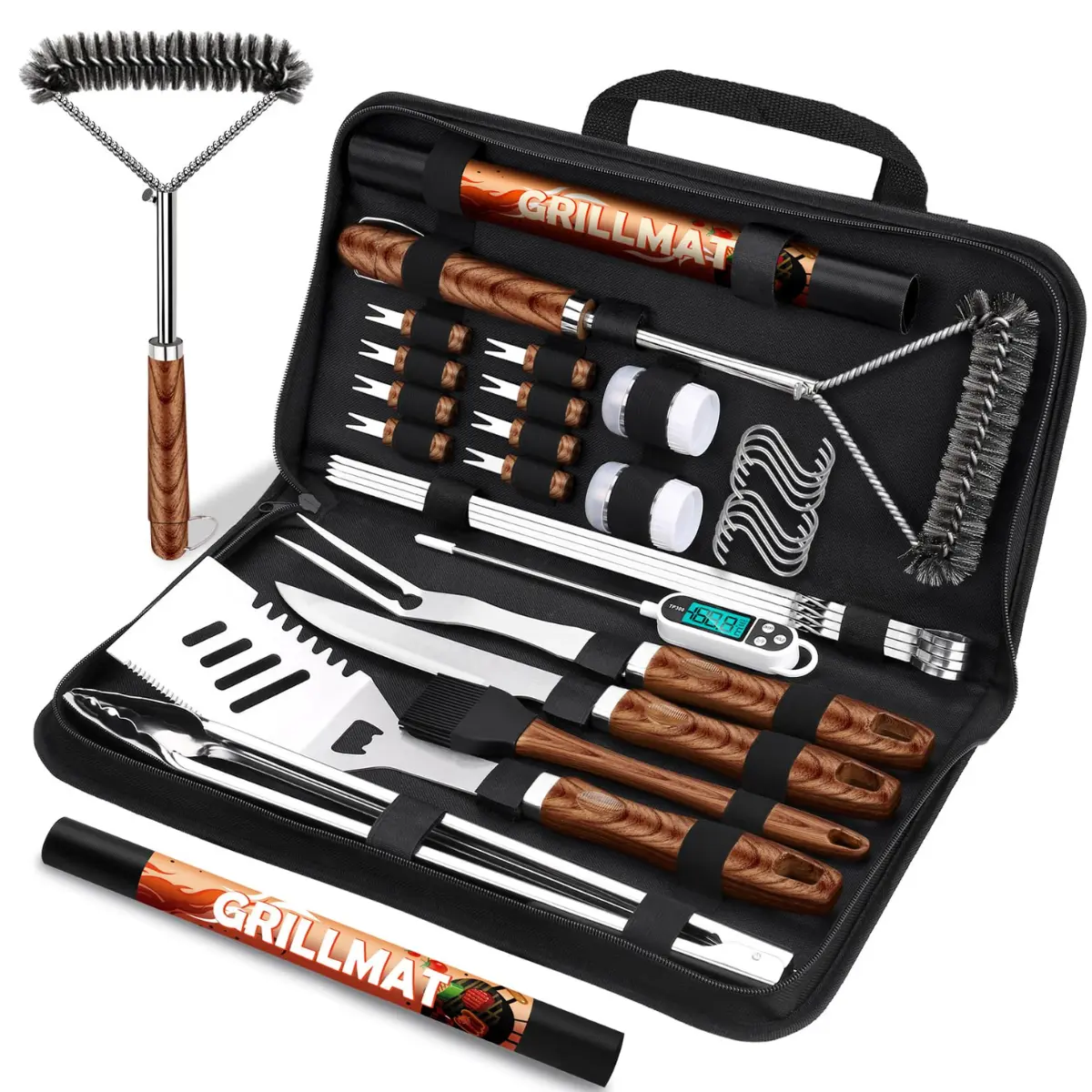 31 PCS Extra Thick Stainless Steel BBQ Grill Accessories Set with Grill Brush & Long Handles, Heavy Duty Grilling Utensils Kit for Outdoor Camping, Gifts for Dads Fathers Day Gifts Set (Wooden Portable)