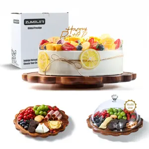 Zumeler Acacia Wood Cake Stand with Lid-13.8 in  Cake Plate with Dome,Petal-Edge Wooden Cake Display Stand with Acrylic Cover Cake Decorating for Weddings, Baking Gifts, Birthday Kitchen Party