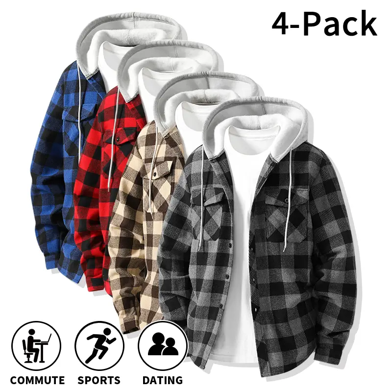 4-pack vintage classic hooded plaid flannel long-sleeve lapel shirts/jackets; loose buffalo check hooded casual jackets with drawstring hoods for commuting, sports, dates, and street-style outfits