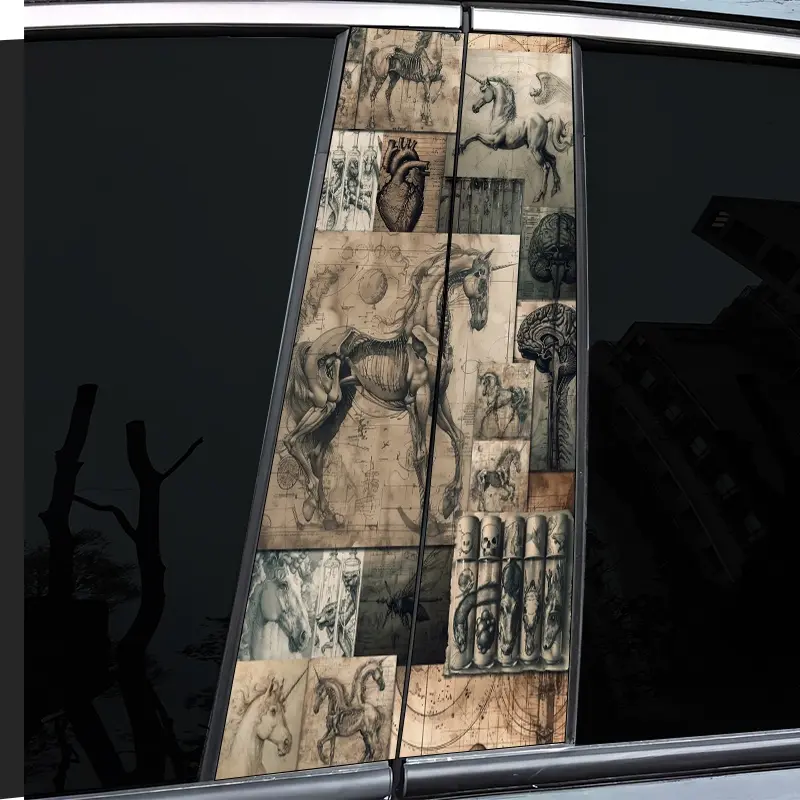 2PCS Vintage Manuscript Wind Animal Collage Car Sticker - Self-Adhesive B-Post Protector - Disposable - Suitable for Car Middle Post