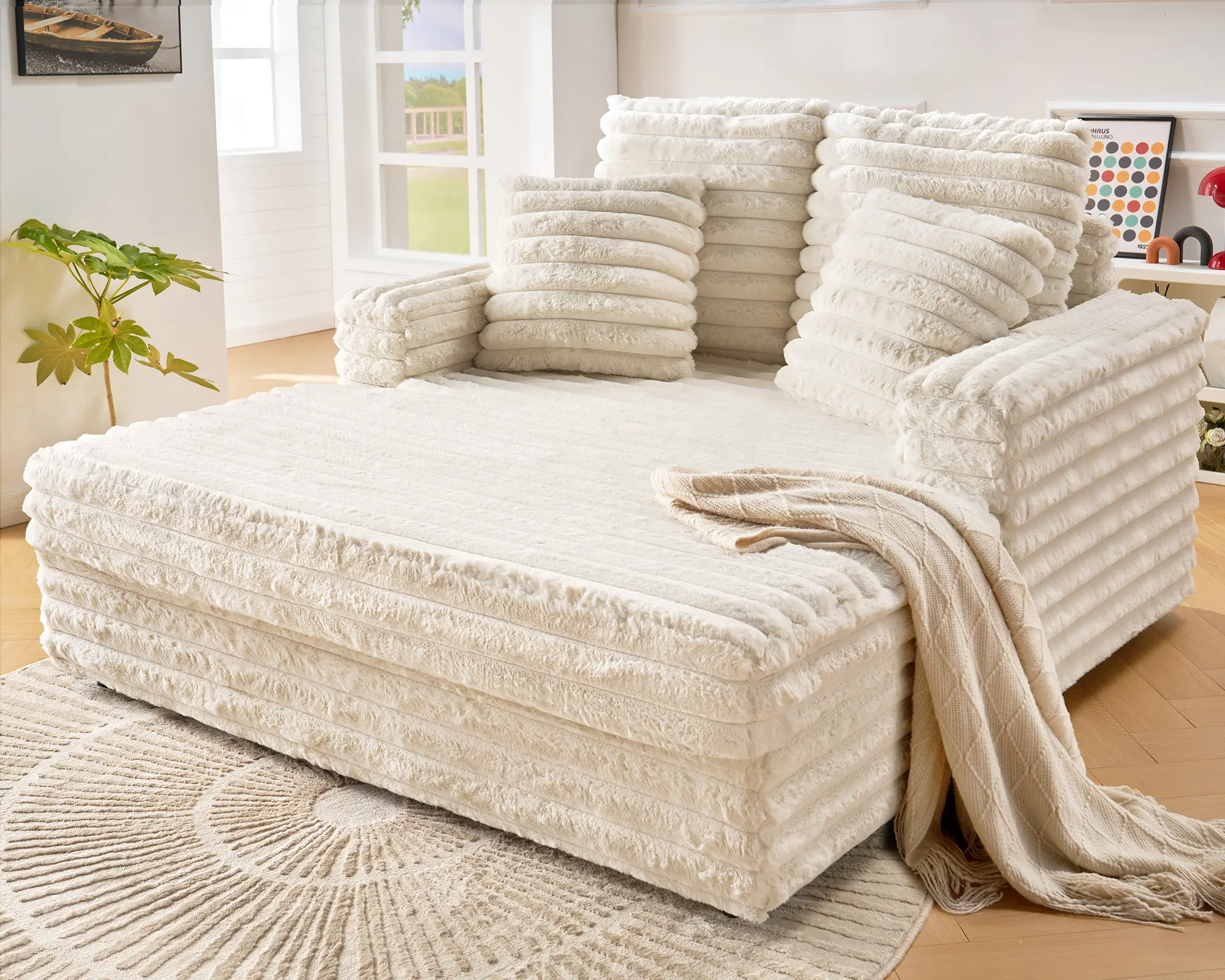 AMERLIFE Chaise Lounge Indoor, Upholstered Sofa Couch Bed with Throw Pillows and Armrests, Modern Sleeper Chair for Bedroom, Living Room, Lounge Cloud