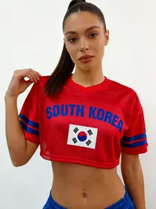 Women's South Korea Cropped Football Jersey, Red V-Neck Mesh Crop Top, Korean National Team Soccer Fan Shirt, Casual Sports Jersey for Game Day & Streetwear, Soccer Jerseys