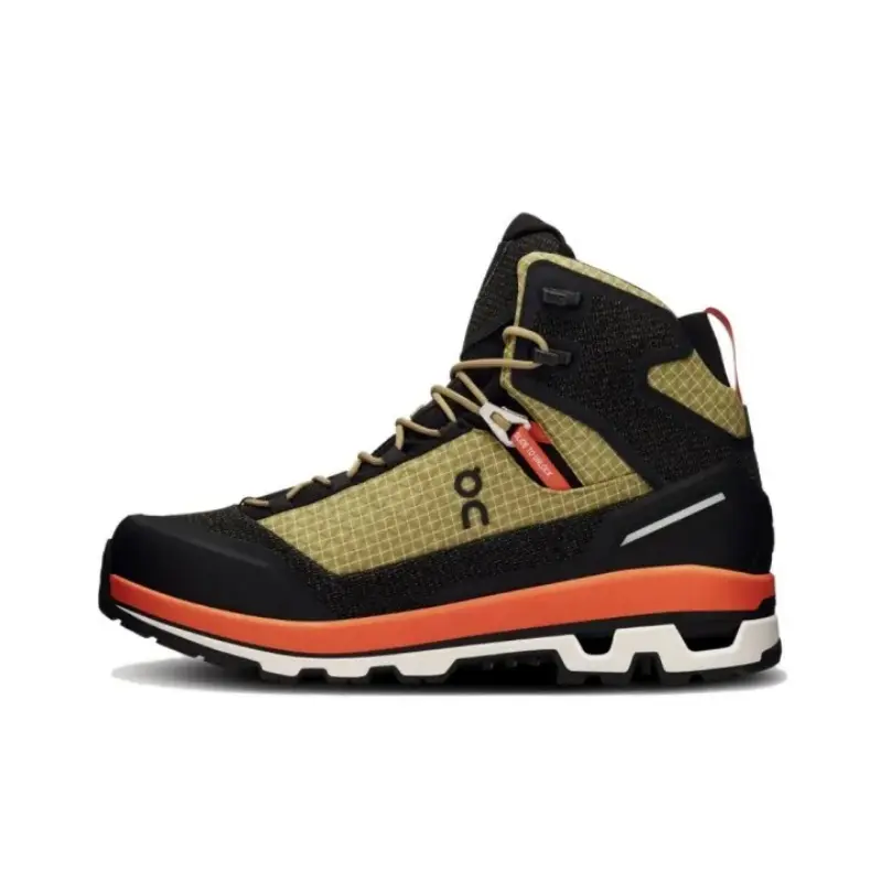Unisex Khaki Orange High Top Hiking Boots, Waterproof Breathable Mesh Outdoor Trekking Shoes, Segmented Hollow Wave Thick Cushion Shock Absorb Non Slip Mountain Walking Trainers For Camping Climbing Men Women