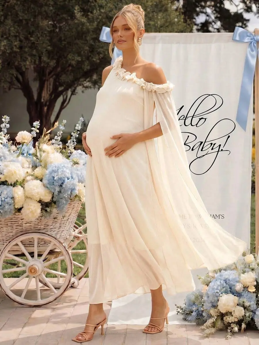 Solid Color Frill Trim Asymmetric Neck Loose Elegant Dress Dress Gender Reveal Dress Maternity Dress Baby Shower Dress Fall