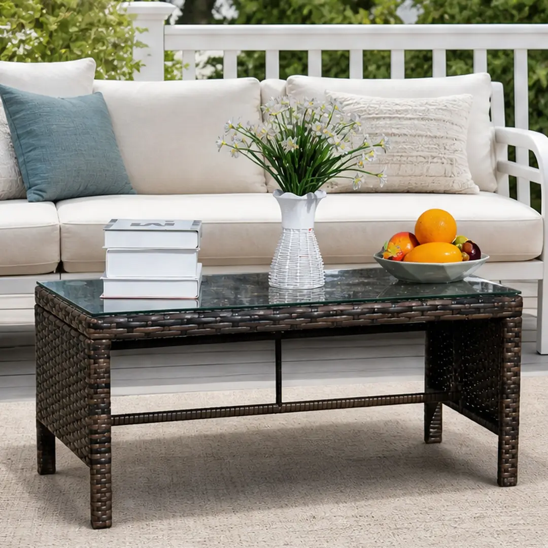 ARCH Outdoor Patio Coffee Table with Clear Tempered Glass Top, 30.75x17.5x15in Brown Rattan Wicker Table for Garden, Porch, Deck, Poolside, Backyard, Living Room, Easy Assembly, 1 Coffee Table, Brown Color Options, Rattan Material