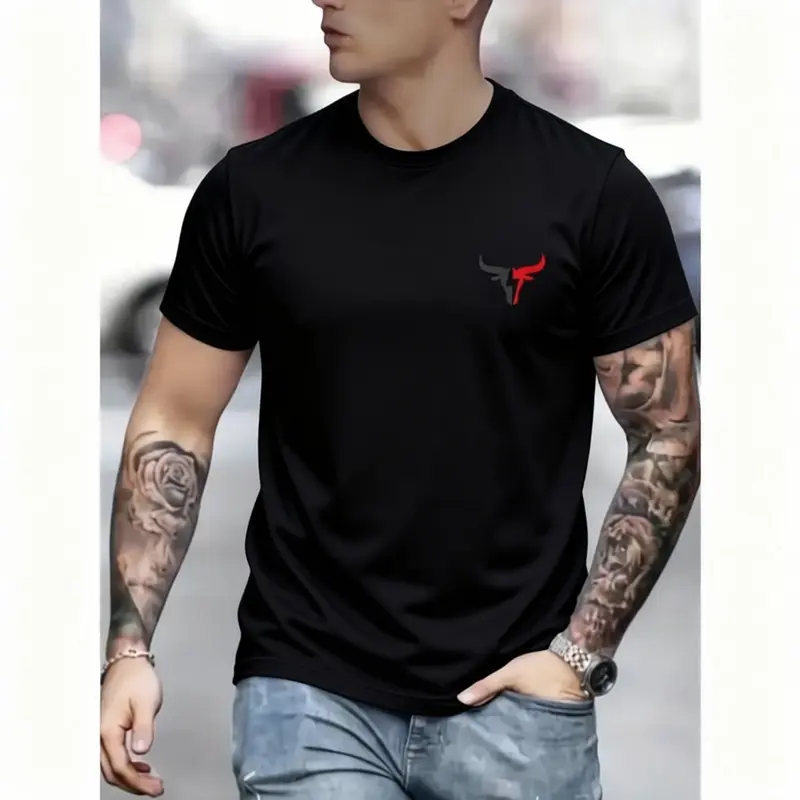Men's Bull Graphic T-Shirt, 100% Cotton Loose Fit Crew Neck Top, Casual Short-Sleeve Streetwear Fashion for Summer, Tshirt