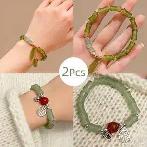 2Pcs Elegant Transparent Green Glass Bamboo Bead Bracelet with Leaf Charm Handmade Beaded Bangle Fashion Accessory Vintage Golden Butterfly Pendant
