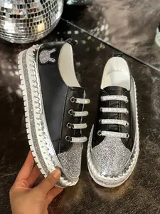 Elegant Silver Color Sequins Women's Shoes, Chunky Mid-Heel Casual Canvas Sneakers, Trendy Thick Sole Fashion Footwear