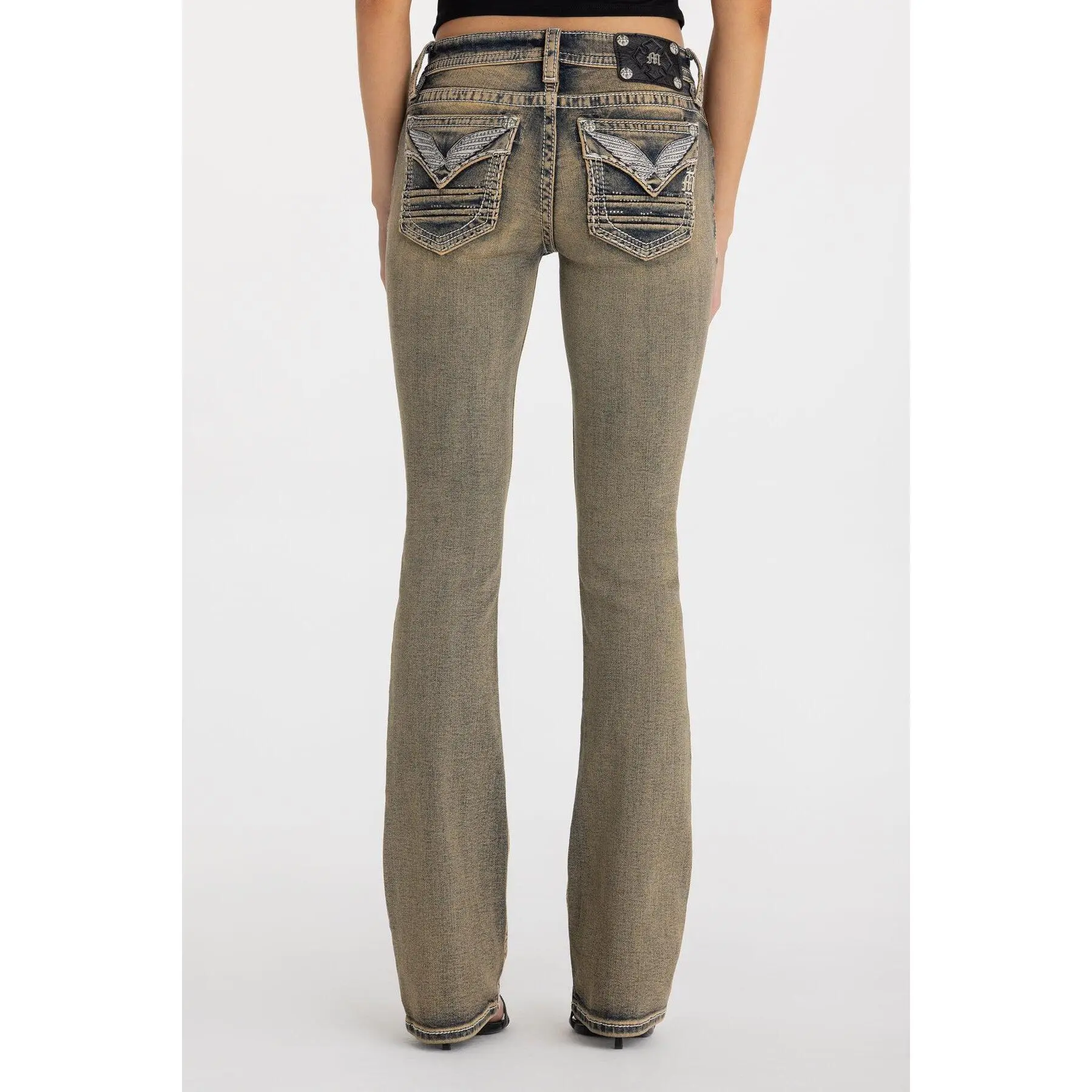 MissMe Xena Low Rise Bootcut Jeans - MissMe Xena Low Rise Bootcut Jeans – Y2K Inspired Low Rise Bootcut with Sculpting Fit, Leg-Lengthening Shape & Vintage Wash Western Glam Detail