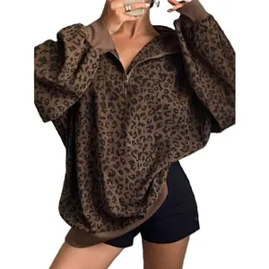Women's Casual Leopard Print Zip Up Hoodie Long Sleeve Loose Fit Half-Zip Design Brown & Black Retro Style for Spring/Summer/Fall Pullover Polyester