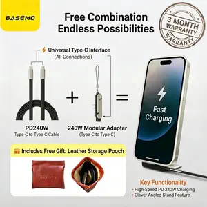 [March Warranty] Basemo New Upgraded 240W Super-Fast Charger with Detachable 2-in-1 360° Invisible Stand, Zinc Alloy & Silicone Type-C 1.5rice Cable – Ideal for Gaming, Office, Car Use, and Travel – Compatible with Apple and Samsung Devices