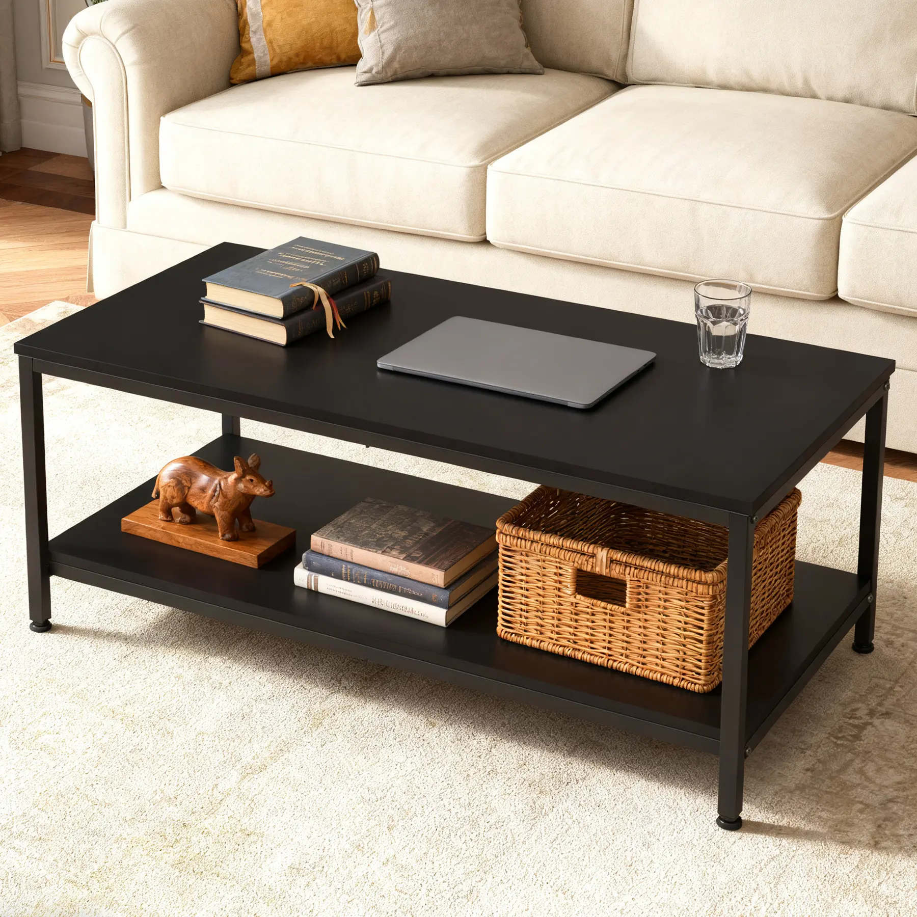 ZENY Modern Coffee Table - 39.4" L MDF Wood 2-Tier Rectangle Living Room Table with Metal Legs, Storage Shelves for Apartment Home Office, Living Room Tables