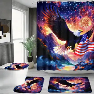 4pcs Patriotic-Themed Shower Curtain Set, Festive Bathroom Decor, American Flag & Bald Eagle, The floor mat fabric is thicker and softer! Fireworks & Mountain Sunset, Includes Bath Mat & Toilet Lid Cover