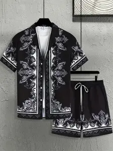 Men's fashionable summer printed collar shirt set - Comfortable short-sleeved shorts, with a brand new casual style, is a must-have item for daily wear in spring and summer. Two-piece set, comfortable, machine washable, large size