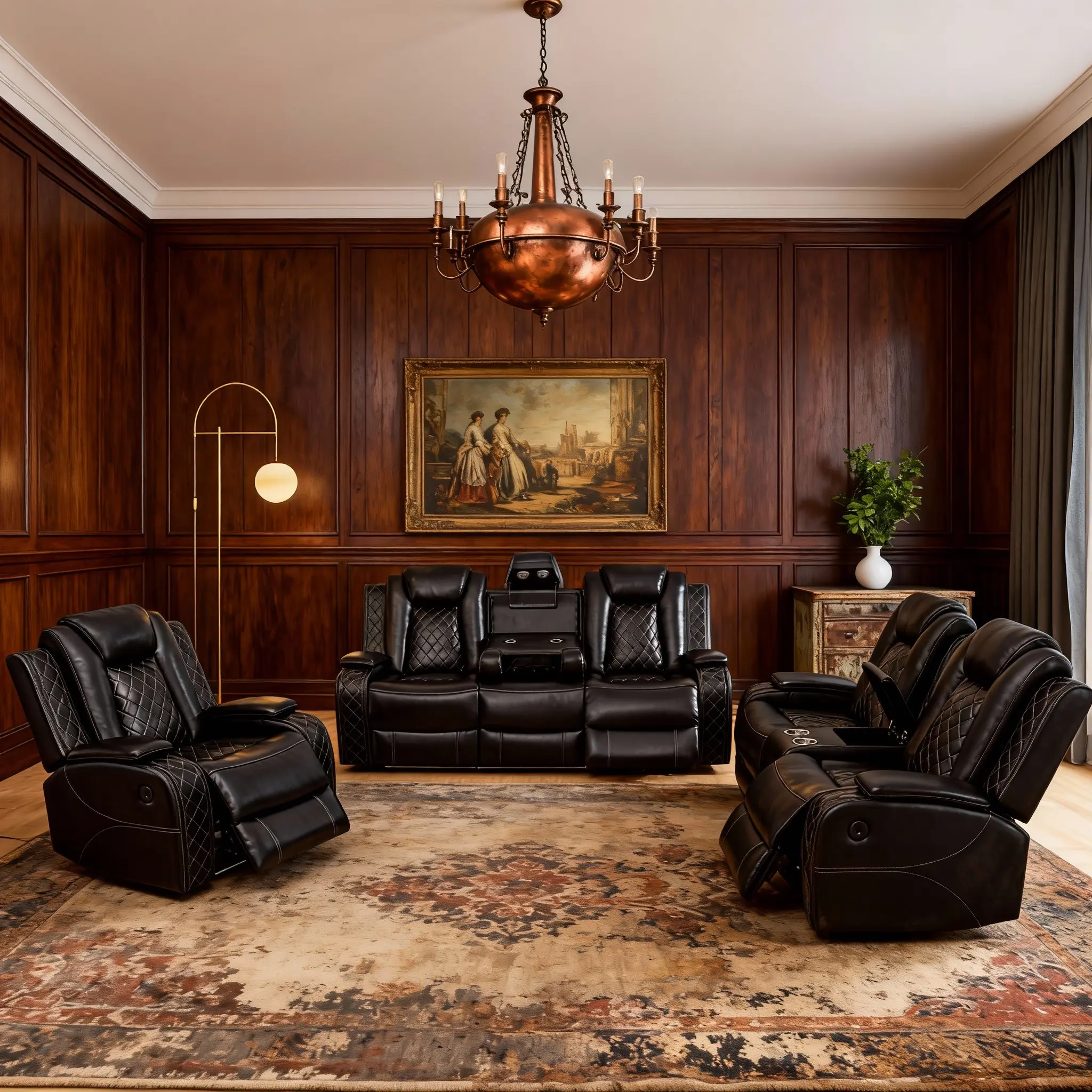 3-Piece Modern Black Breathable Leather Recliner Sectional Sofa Set - Chic, Dark, Cupholder Sofa Sets with Push-Back Mechanism, Adjustable Arms for Living Room, Home Theater Comfortable Seating Solutions, Chic Sofa Sets