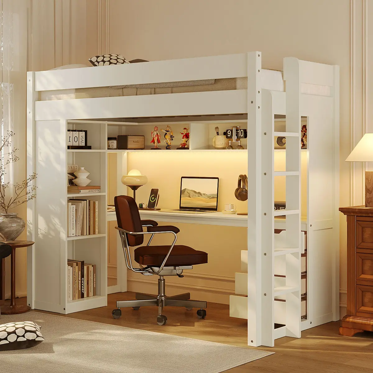 Bellemave Twin/Full Solid Wood Loft Bed with L-Shaped Desk and 4 Drawers, 4-Tier Open Shelves, LED Light Strip and USB Charging Ports