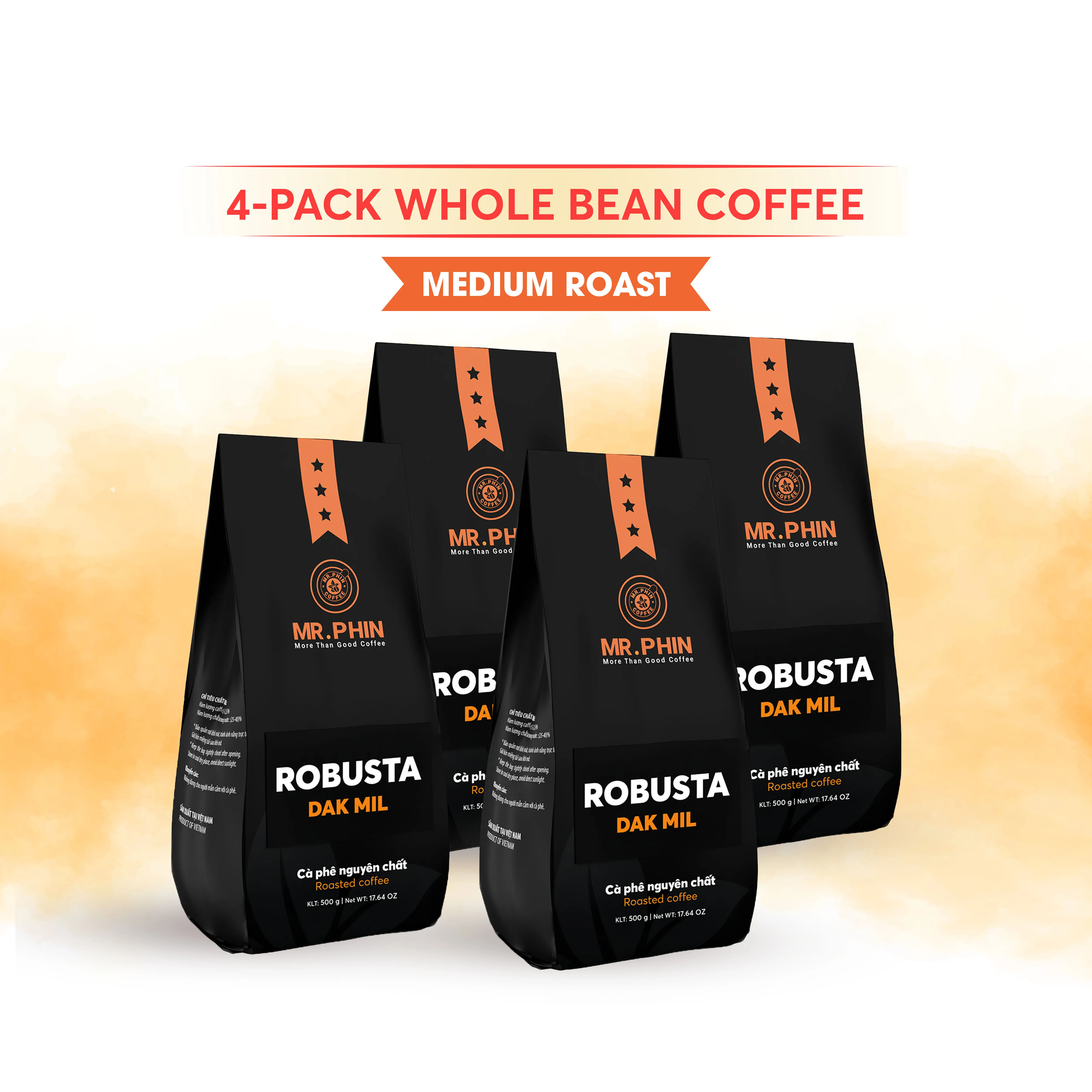 Robusta Dak Mil - 100% Pure Robusta Whole Bean - Vietnamese Coffee, Ultra Strong Energy Boost & Smooth (Total 4.4 lb/4 Pack)