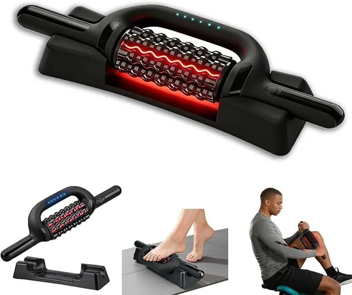 Electric Rolling Massager with Soft Red Light, Rechargeable 6-Speed Adjustable Tool with Hands-Free Base for Arms, Legs