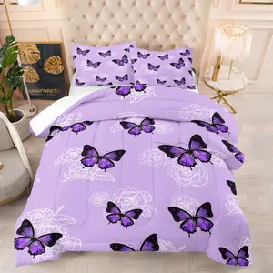 Purple butterfly pattern, including 1 quilt and 1 or 2 pillowcases without pillow cores, soft bedroom decorations for children and adults, suitable as birthday and moving holiday gifts, Floral Quilt Set