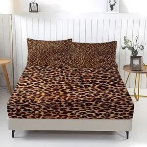 3 Pcs Classic Brown-Black Leopard Print Fitted Sheet Set, Leopard Print Bedding, 1 Fitted Sheet & 2 Pillowcases (no filler), Original Leopard Pattern, Fits Home Decor, Ideal for Retro Style Fans/Students/Families/Holiday Gifters