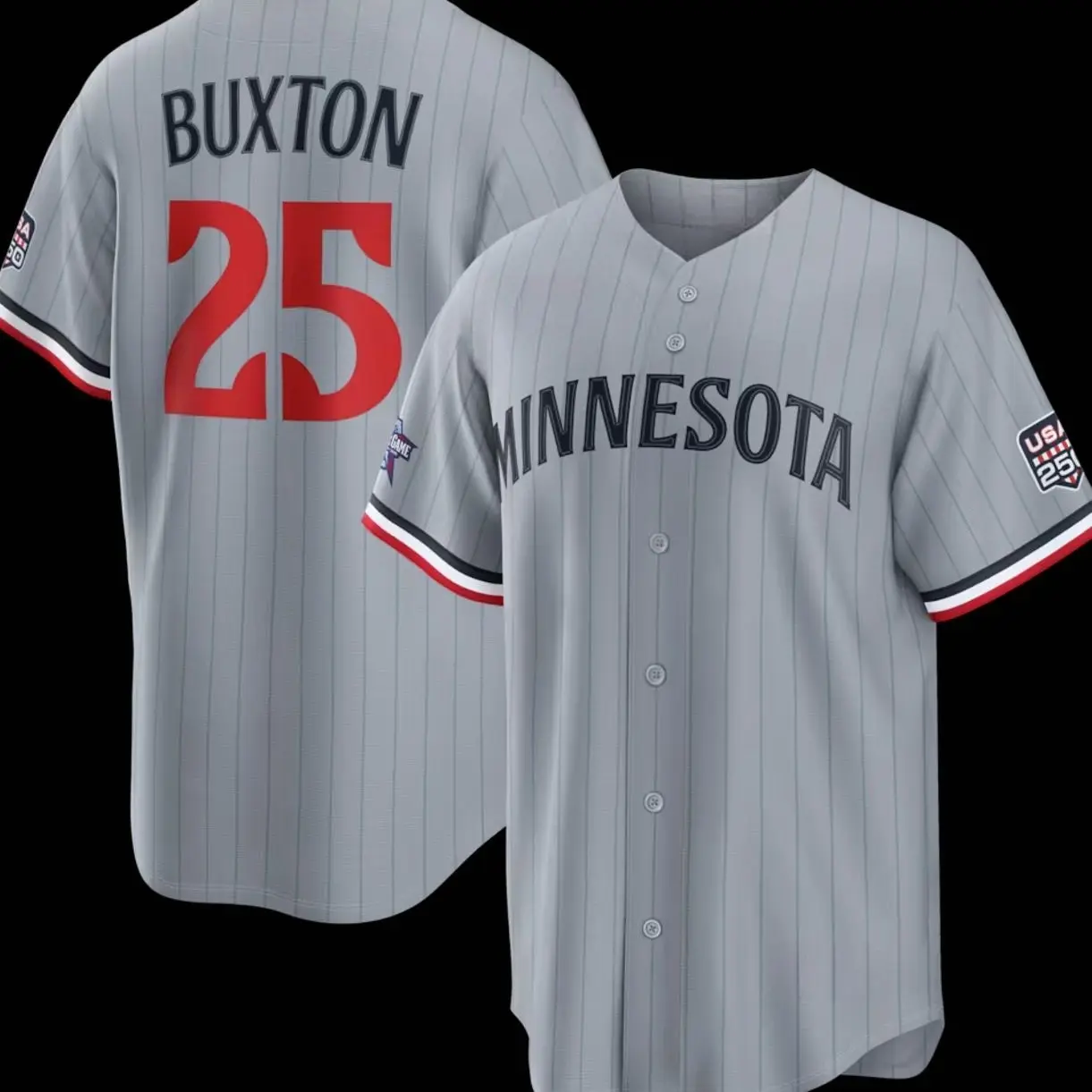 Unisex Baseball Minnesota USA 250 Stadium Jersey Buxton 25 2026 All-Star Edition Stars & Stripes Gray Replica Jersey