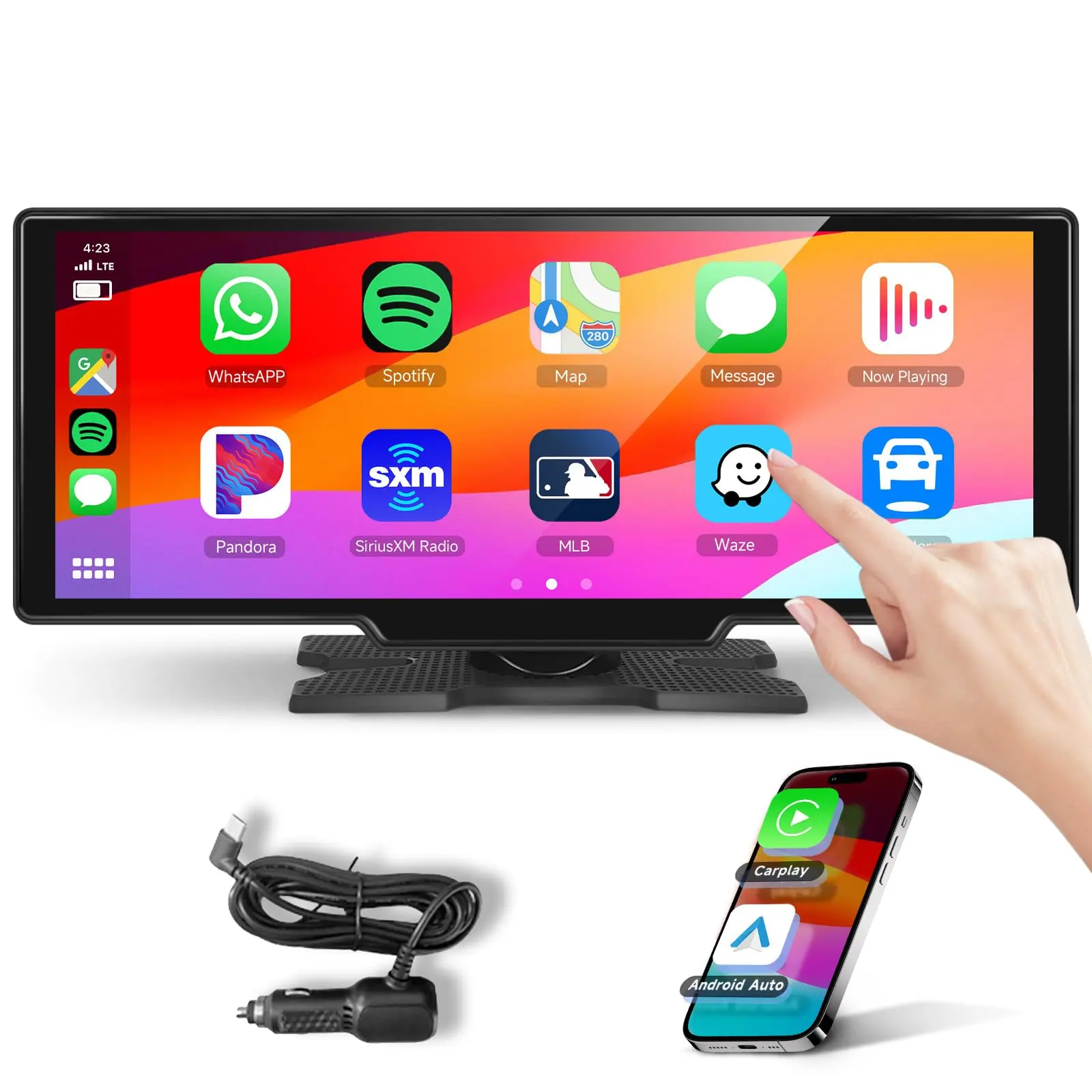 PODOFO 10.26" Large Screen Car Video Player - Plug-N-Play Portable Stereo with CarPlay Touchscreen, Wireless Android Auto, Super Link, 1080P HD Display, Bluetooth, Voice Control, OTA Upgrade, FM Radio, TF Card & AUX Support, Car Stuff, Gifts for Him