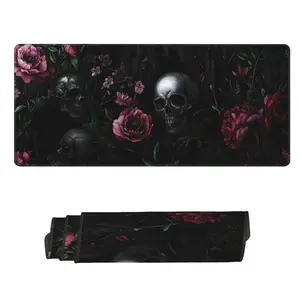 Large gaming mousepad with skull and floral design - made of highly elastic, washable rubber with stitched edges, extended desk mat for PCs and laptops, non-slip base, 31.5 x 11.8 inches.