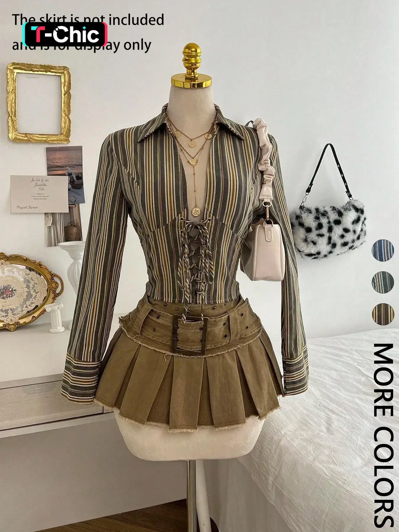 1 Piece  Retro Vintage Striped Waist-Cinched Long Sleeve | Euro-Hong Kong Style | Casual Classy Elegant | Deep V Adjustable Drawstring + Slim-Fit Silhouette | Elegant Casual Pick for Daily Commute / Coffee Dates （only All Seasons Blouse top） Shirts