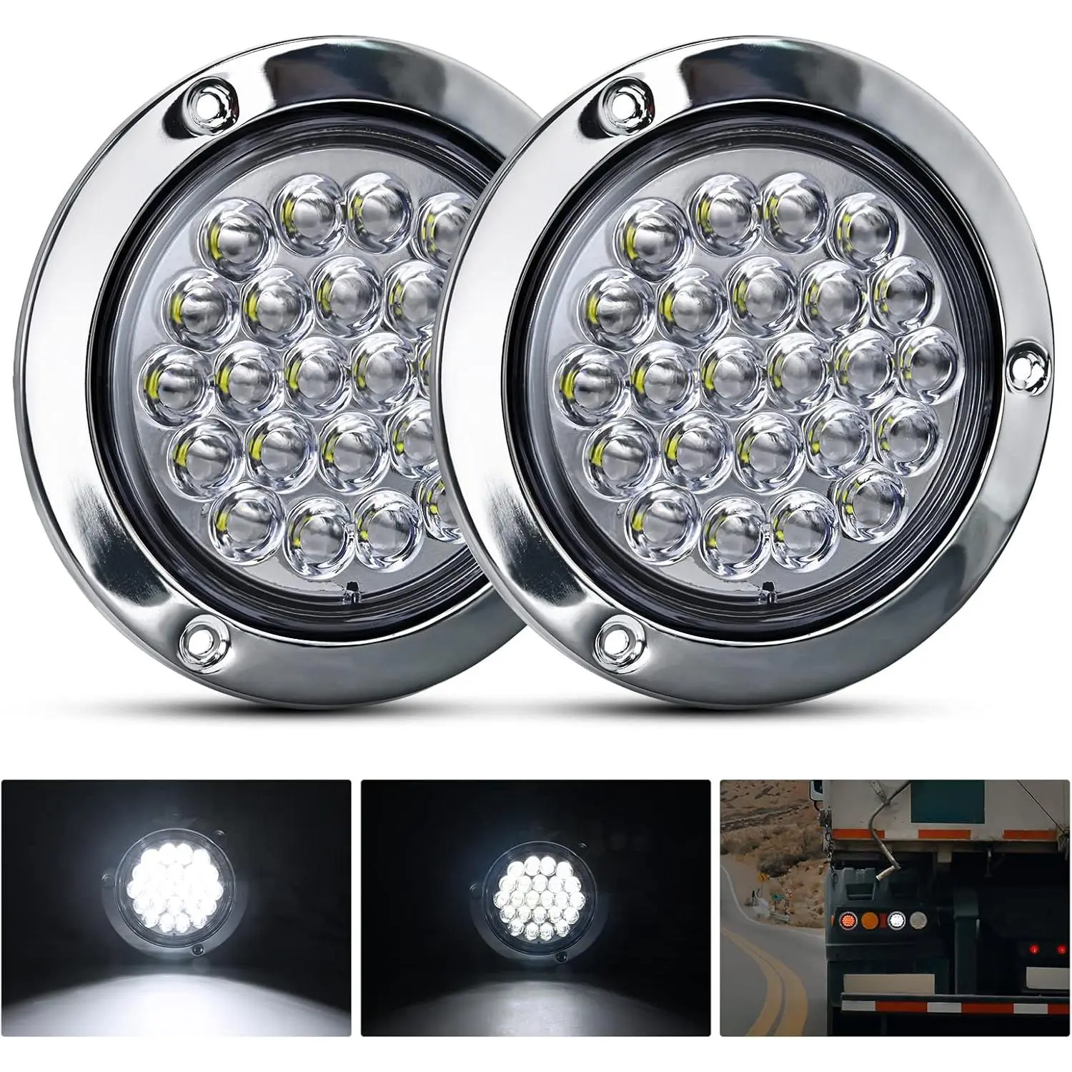 Nilight 4-Round LED Tailgate Lights Kit - 2PCS 24LED White Stainless Steel Chrome Bezel Waterproof Surface Mount Tow Lights Assembly for Trucks, Campers, Tow Lights Kit