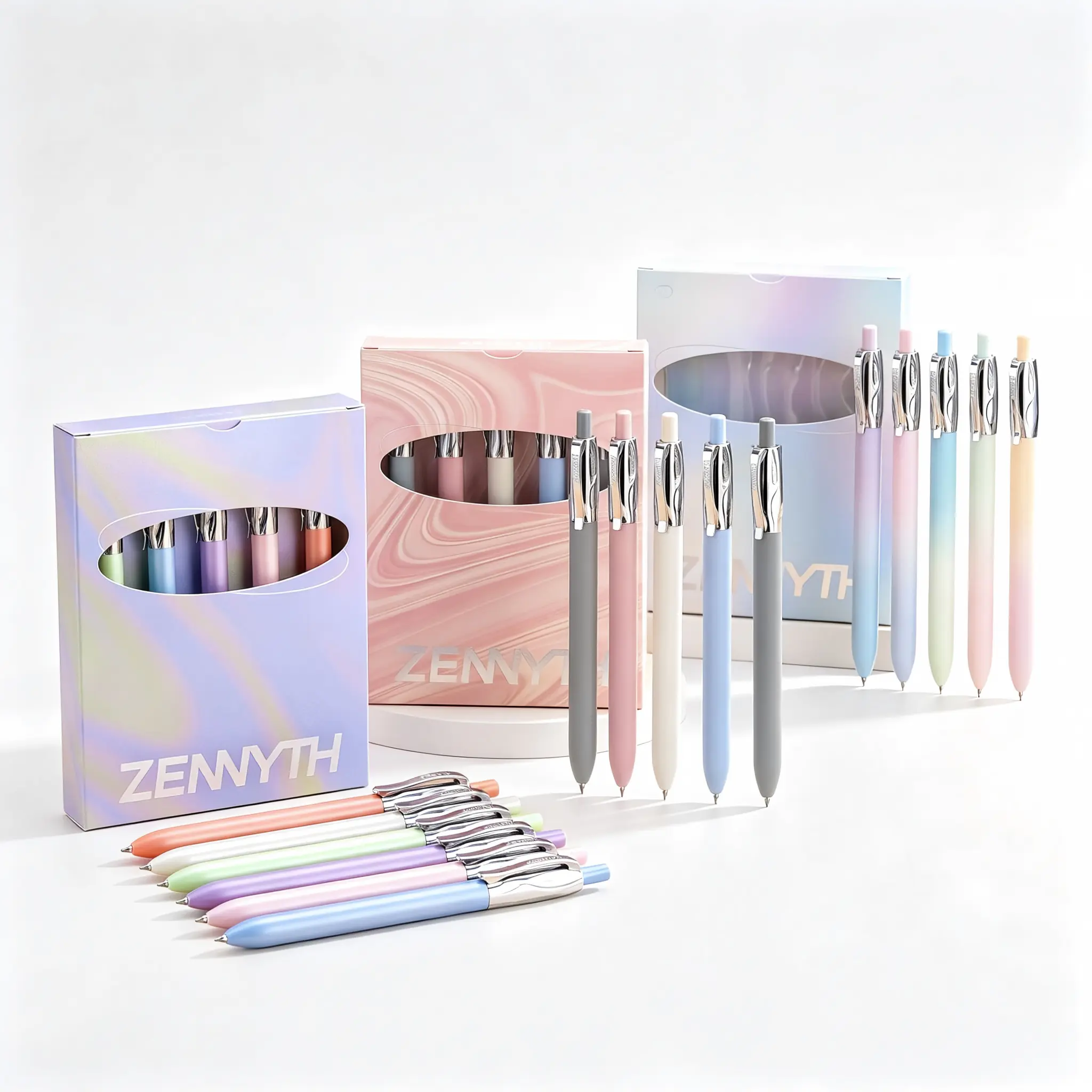 5-Pack Aesthetic Retractable Black Ink Pens -  with Morandi, Pearlescent, Aurora Gradient Pastel Designs, Office Stationery for Journal, School, Gift Use study guide college schoolsupplies high-end quick-dry smooth cute pen practice exam macaron color