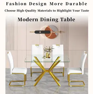 Modern Rectangular Tempered Glass Dining Table, 47.24" Clear Kitchen Table with Gold Metal Legs for Dining Room, Space-Saving & Easy Assembly for Small Homes diamond furniture