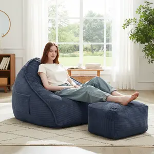 Bean Bag Chair with Ottoman for Adults, Large Corduroy Bean Bag Couch, Boneless Chaise Lounge Reading Chair with High-Resilience Foam, Floor Lounger for Bedroom Living Room