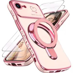 for iPhone 17e/16e Love Heart Kickstand Case with 2X Screen Protector: Luxury Plated Gold Edge Slim Soft TPU Shockproof Protection Case Cover for iPhone 17E/16E 6.1" (Pink) Wavy Smartphone
