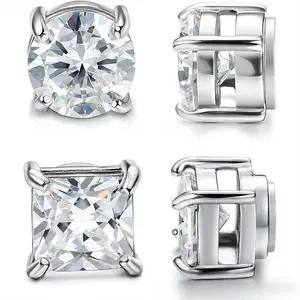 New Magnetic Earrings for Men Women Shiny Round Cubic Zirconia Stud Earrings for Non-Pierced Ears Hypoallergenic Stainless Steel Fake Earrings