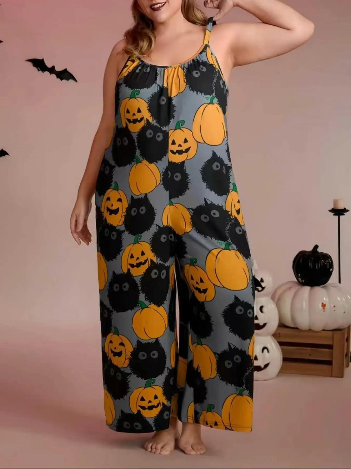 Women's Round Neck Loose Oversized Romper, Halloween Theme, Sleeveless Wide Leg, Pumpkin and Cat Print, Perfect for Festive Occasions