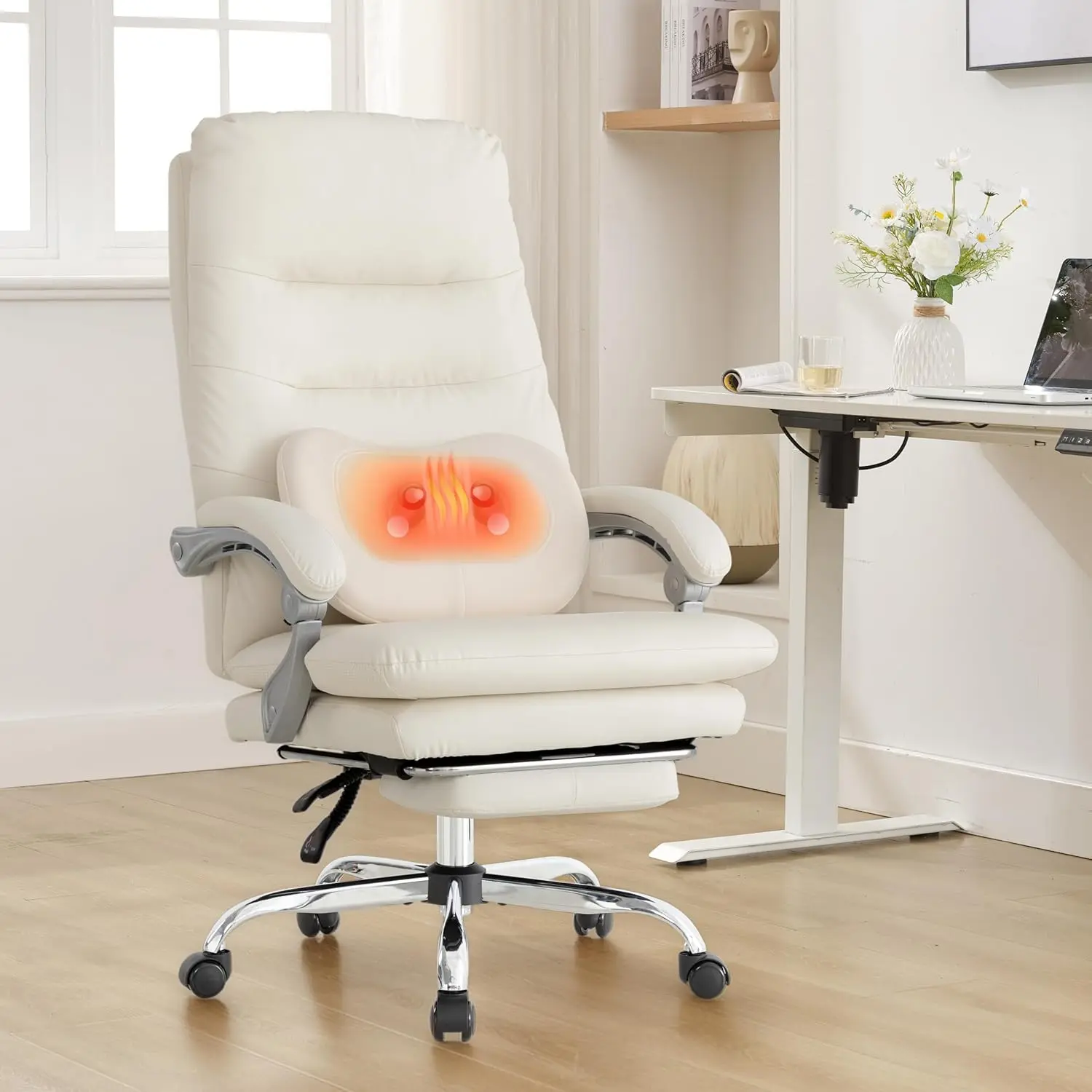 Kneading Massage Executive Office Chair with Heated,90-135° Reclining Chair with Footrest, Ergonomic Desk Chairs (Creamy White with External Massager)