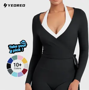 YEOREO Women Pilates Wrap Top Long Sleeve Tie Ballet Workout Yoga Shirt Michelie Y2K V Neck Cropped Tops Athletic Fashion Activewear summervibes Yoga Clothes