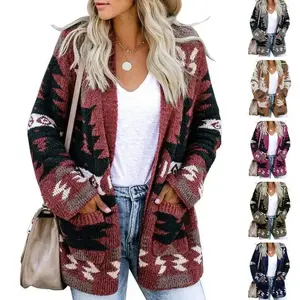 Women Boho Cardigan Aztec Open Front Loose Slouchy Sweaters Tribal Long Sleeve Knitted Christmas Jacket Coat??gift??