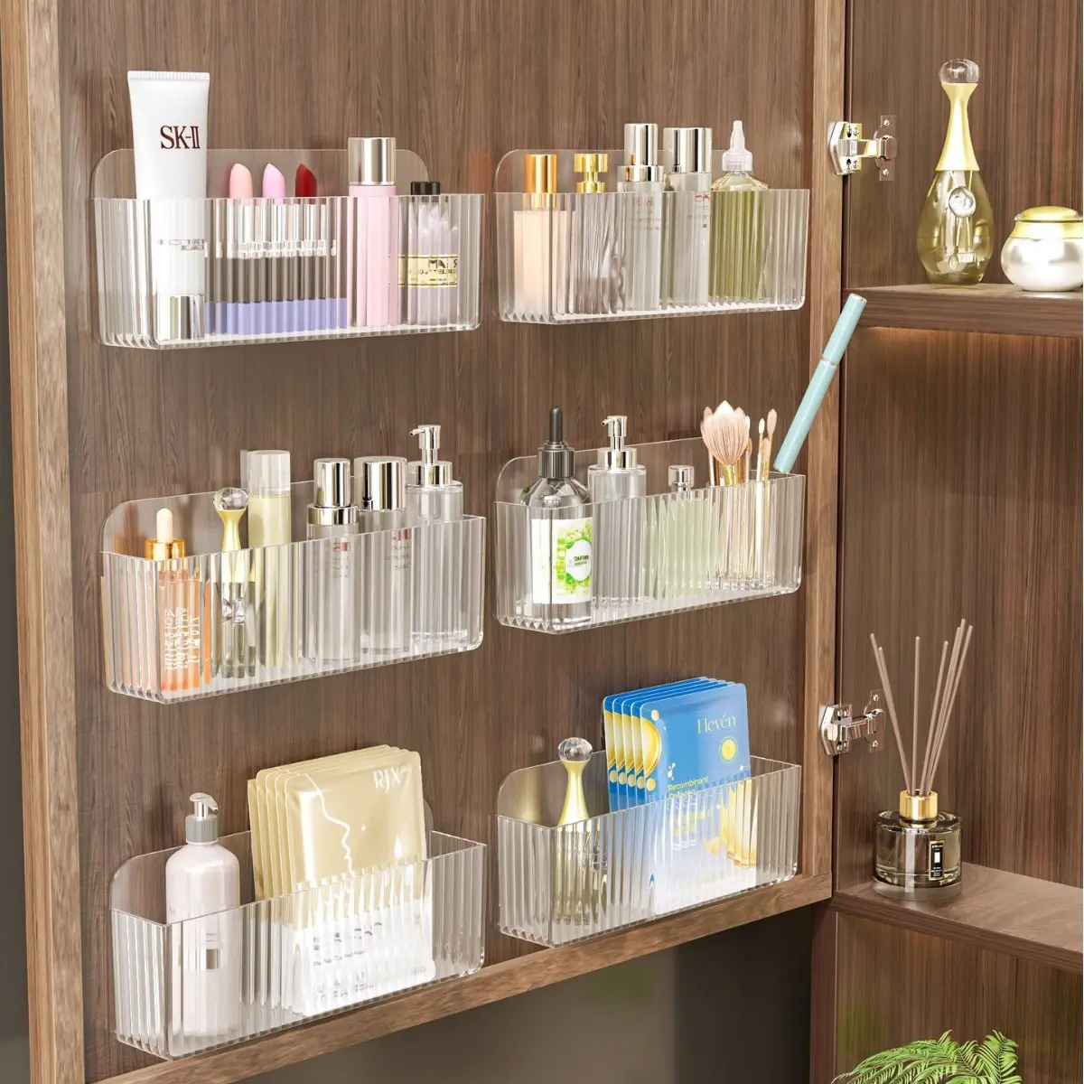 2 Piece Bathroom Makeup Mirror Cabinet Storage Box, Wall Mounted Adhesive Transparent Organizer with Compartments, Plastic Storage Boxes, Cosmetic Makeup Organizer, Cosmetics Organizer Storage