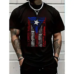 Puerto Rican Flag Shirt With Towns And Cities Of Puerto Rico T-Shirt Women's Men Graphic Tee Men's Patriotic Flag Heart T-Shirt Breathable T-Shirt with Look Fabric Menswear