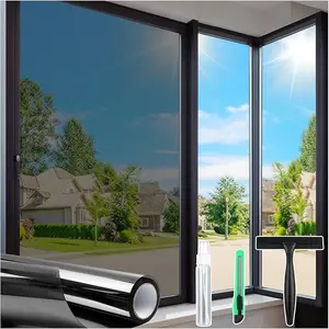 One Way Mirror Window Film with Tools, Static Cling No Glue Privacy Tint, Heat & UV Blocking Sun Protection, See Out Not In Black-Silver Covering for Home Bedroom Office, 17.5" x 78.7"